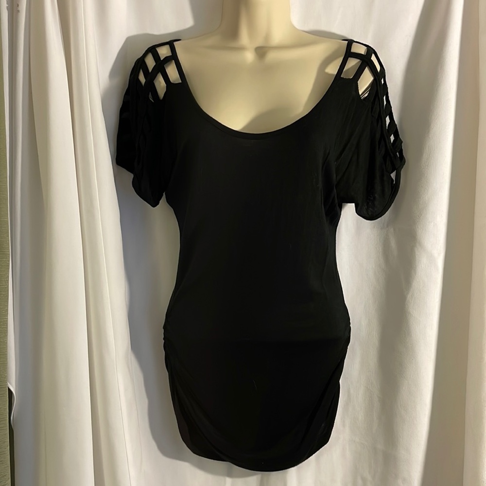 Black Short Sleeve with Open Design Shoulders, Size Medium, Body Central